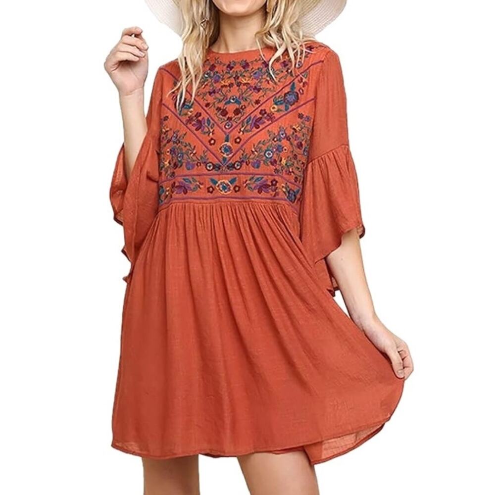 Umgee Lightweight Orange Boho Floral Embroidered Bell Sleeve Palmer Mini Dress